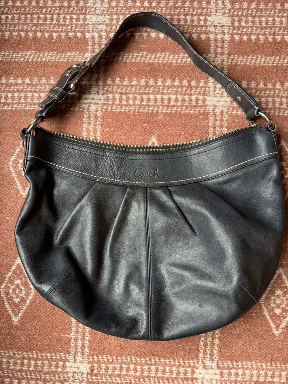 COACH J0982-F13730 SOLO HOBO SHOULDER BLK LEATHER BAG PLEATED MED Handbag